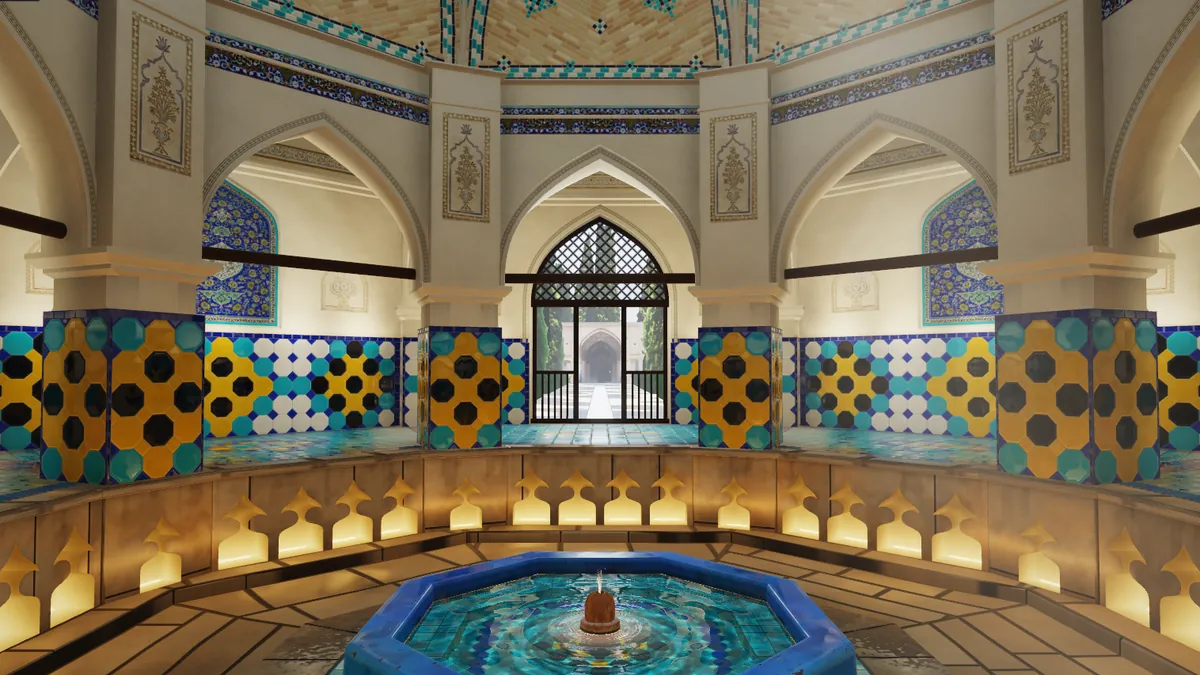 La salle octogonale du hammam : le bassin turquoise, les bancs de pierre éclairés par des niches, les piliers et les lambris de carreaux sous la coupole de brique.